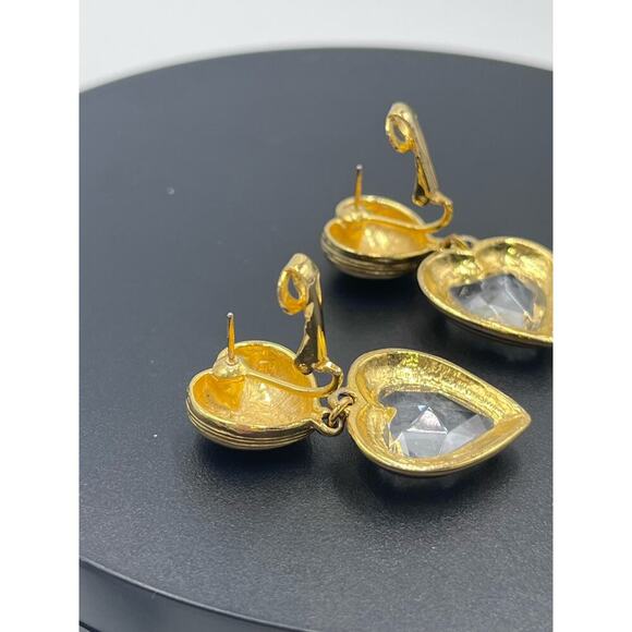 Gold Tone Unsigned Faceted Heart Dangle Clip On Earrings High End - Picture 9 of 13